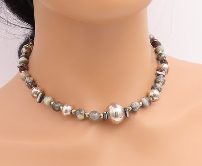 925 Sterling Silver Vintage Necklace Multi Gemstone Beaded Collar Choker  NE4925