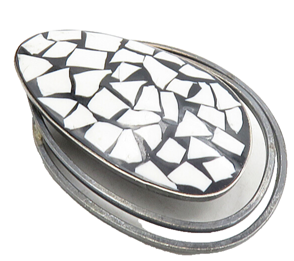 ISRAEL 925 Sterling Silver  Vintage Mosaic White Stone Brooch Pin  BP3266