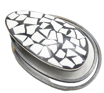 ISRAEL 925 Sterling Silver  Vintage Mosaic White Stone Brooch Pin  BP3266