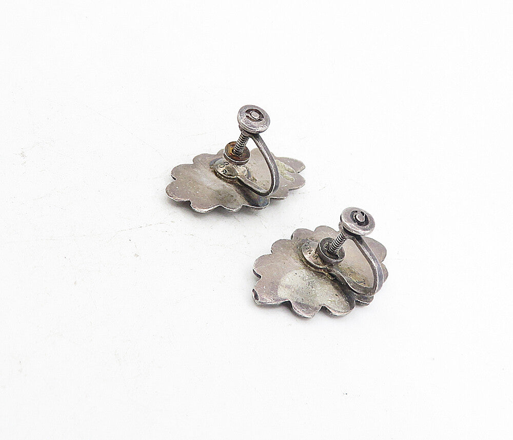 MEXICO 925 Silver   Vintage Dark Tone Floral Non Pierce Drop Earrings  EG4402