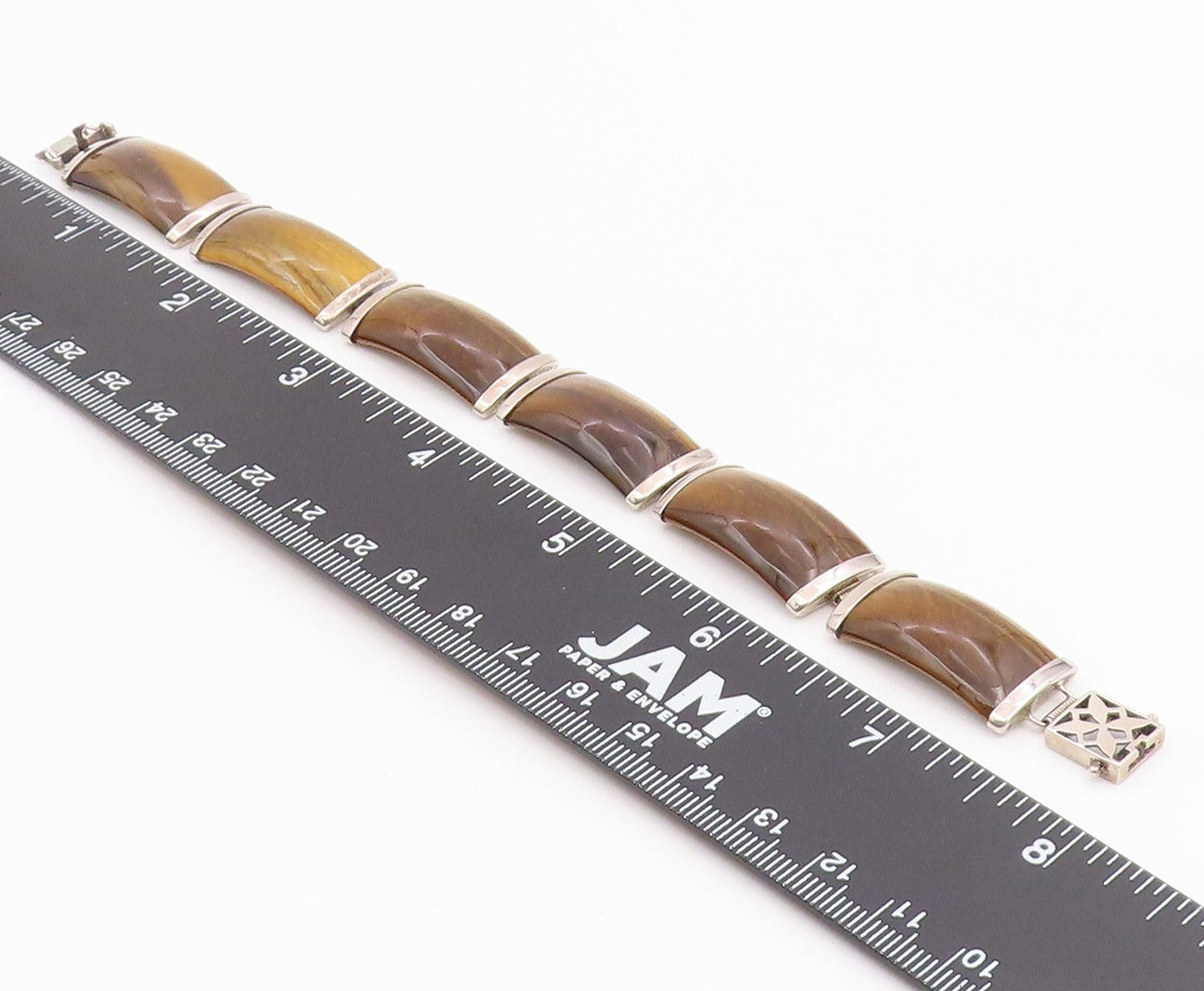 925 Sterling Silver Vintage Bracelet Tiger's Eye Curved Panel Link  BT12182
