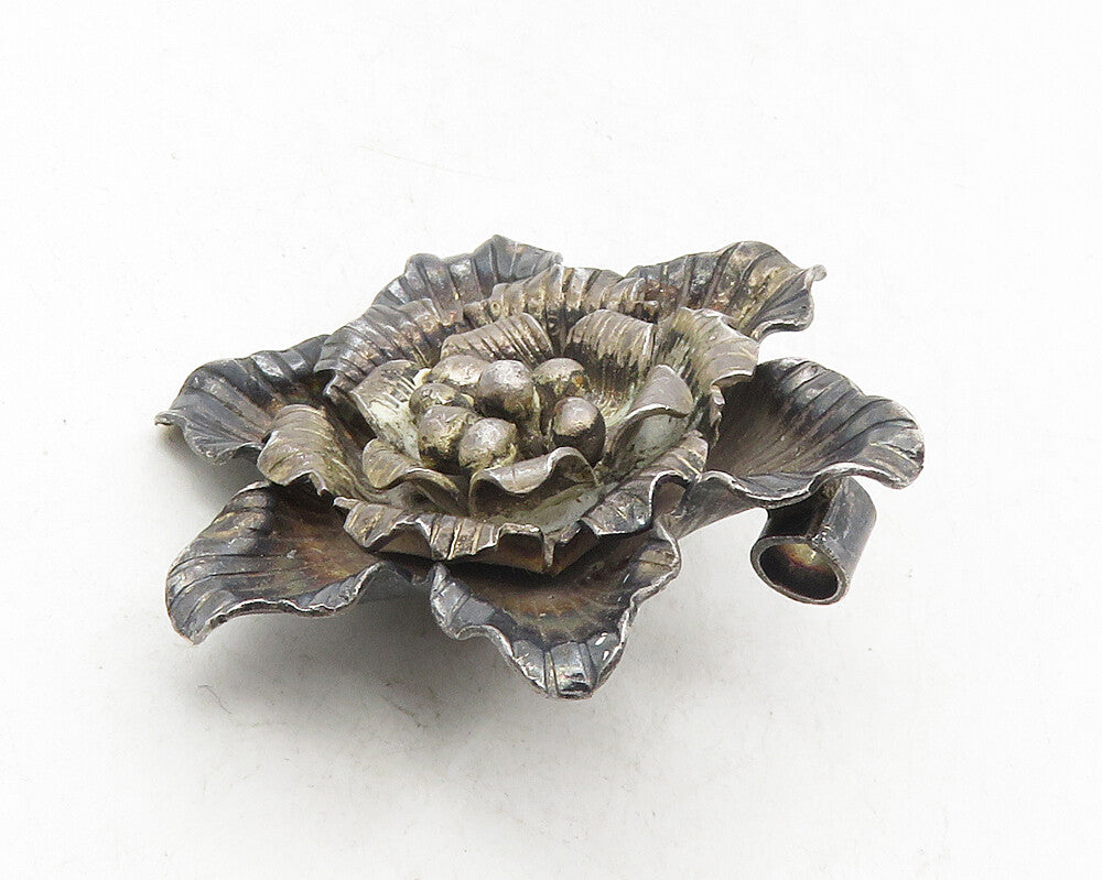 925 Sterling Silver  Vintage Antique Dark Tone Sculpted Flower Pendant  PT7903