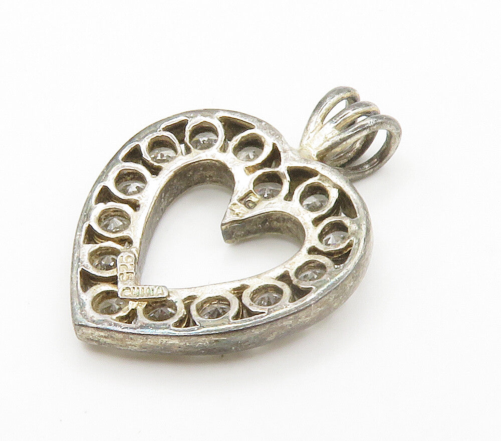 925 Sterling Silver  Vintage Cubic Zirconia Open Love Heart Pendant  PT11644