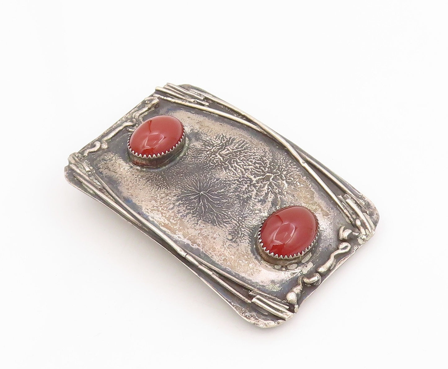 925 Sterling Silver Vintage Belt Buckle Solid Twin Cabochon Carnelian  TR4136