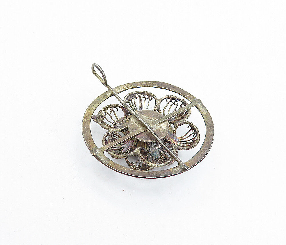 925 Sterling Silver  Vintage Dark Tone Flower Filigree Round Pendant  PT3064