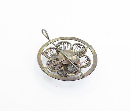 925 Sterling Silver  Vintage Dark Tone Flower Filigree Round Pendant  PT3064
