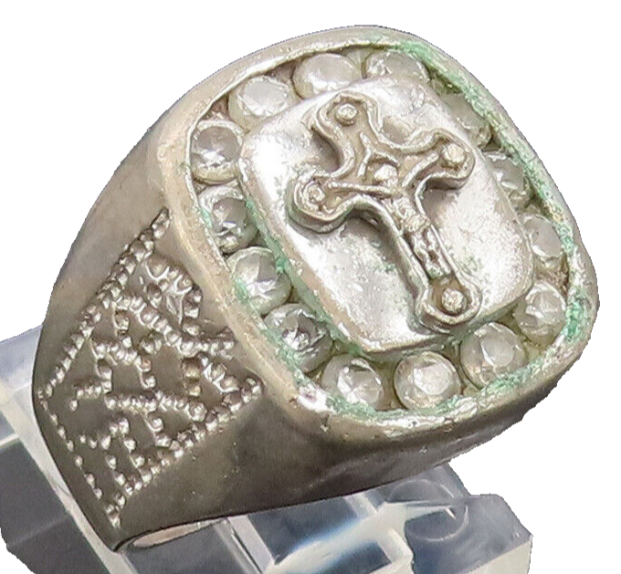 925 Silver  Vintage Carved Religious Cross Inlay CZ Solid Ring Sz 8  RG27079