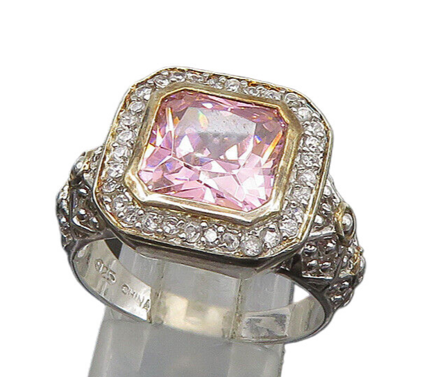 925 Silver  Vintage Pink Cubic Zirconia 2 Tone Cocktail Ring Sz 10  RG23089