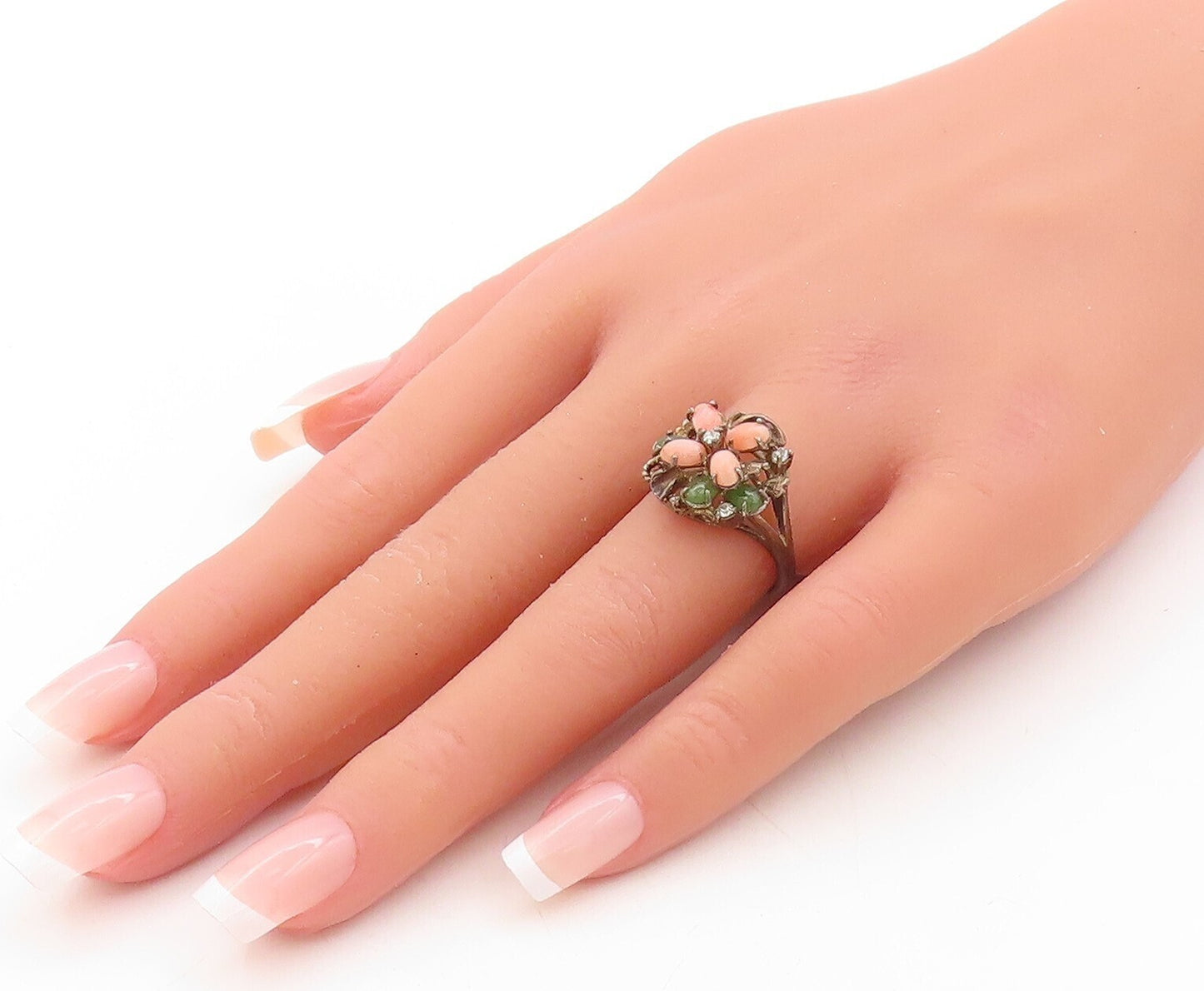 925 Sterling Silver Vintage Ring Dark Tone Floral Gemstones Inlay  Sz 7 RG31125