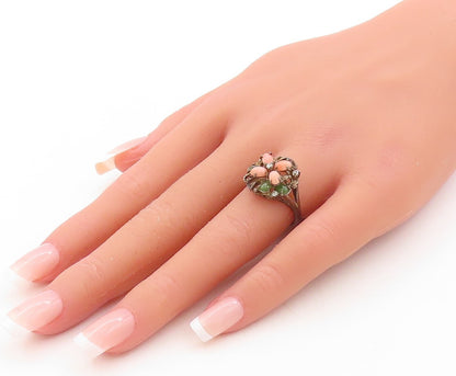 925 Sterling Silver Vintage Ring Dark Tone Floral Gemstones Inlay  Sz 7 RG31125