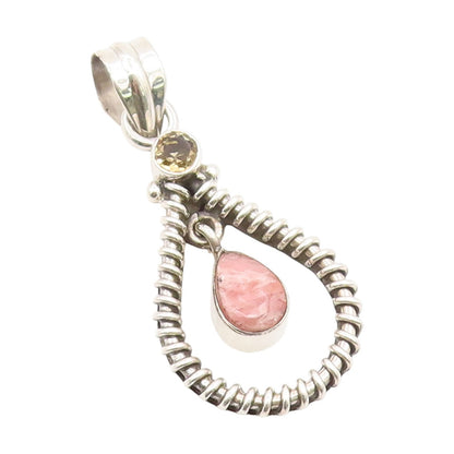 925 Sterling Silver Vintage Pendant Rhodochrosite & Citrine Teardrop  PT25993
