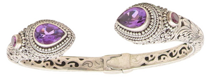925 Sterling Silver Vintage Bracelet SARDA Amethyst Scrollwork Cuff  BT11768