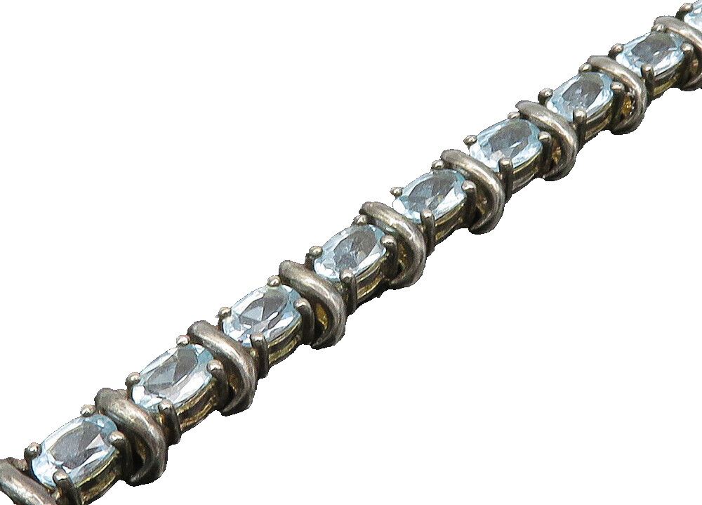 925 Sterling Silver  Vintage Prong Set Blue Topaz Tennis Bracelet  BT7981