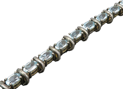 925 Sterling Silver  Vintage Prong Set Blue Topaz Tennis Bracelet  BT7981