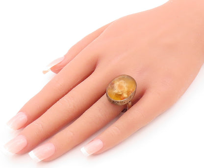 925 Sterling Silver Vintage Ring TAXCO Dark tone Cabochon Amber  Sz 9  RG31865