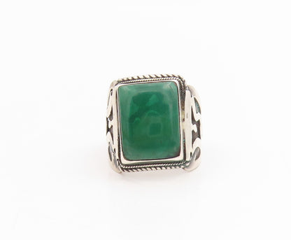 925 Sterling Silver Vintage Ring Green Gemstone Chunky Carved Band Sz 8 RG34831
