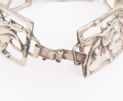 925 Sterling Silver Vintage Bracelet Antique Openwork Floral Panel Link  BT11632