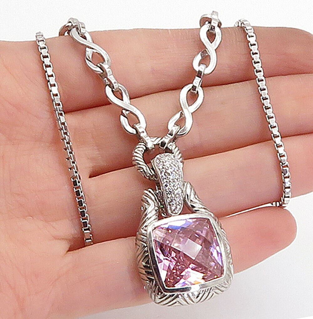 925 Sterling Silver  Pink Cubic Zirconia Infinity Link Chain Necklace  NE1140