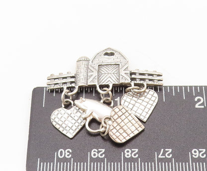 925 Sterling Silver  Vintage Dangling Pig, Heart Farm Life Brooch Pin  BP10331
