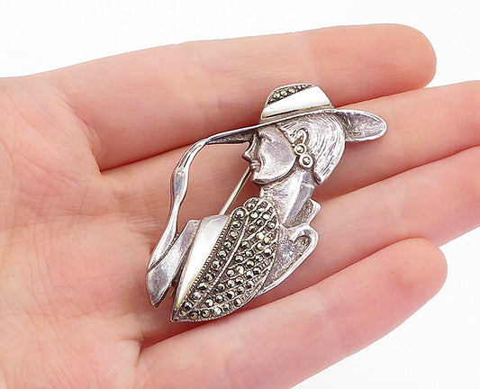 925 Silver  Vintage Mother Of Pearl & Marcasite Woman Figure Brooch Pin BP1995