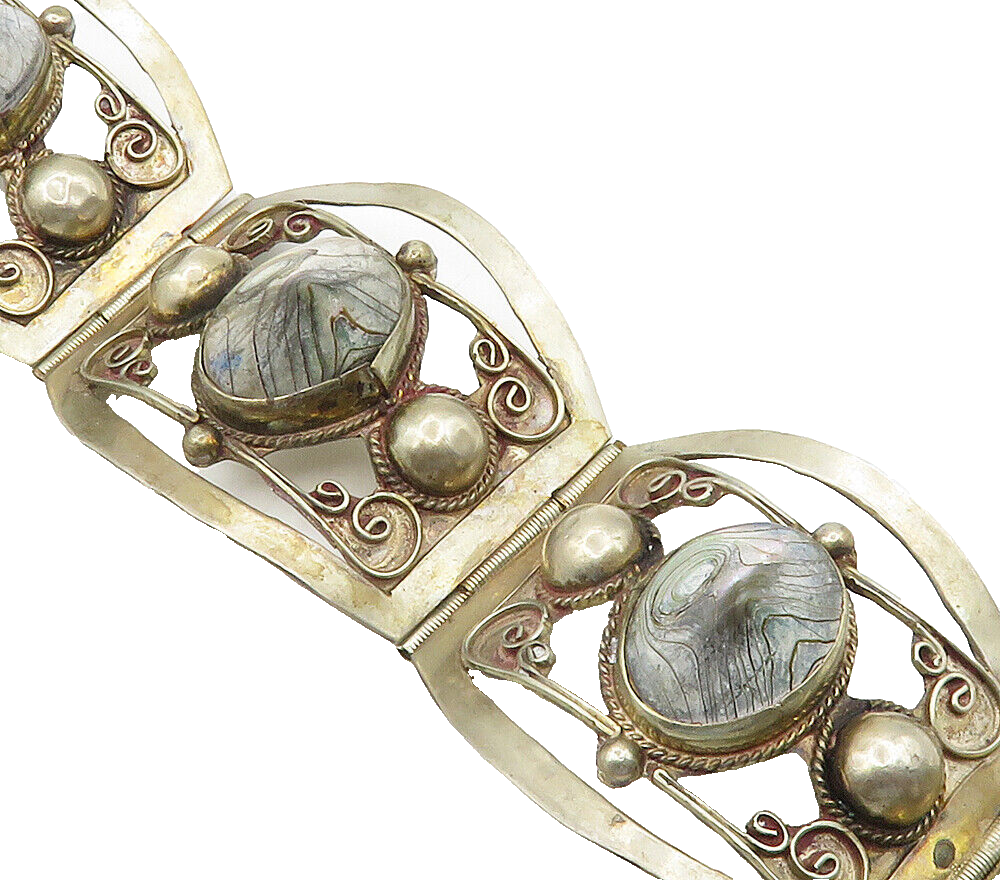 MEXICO 925 Sterling Silver  Vintage Abalone Shell Swirl Chain Bracelet  BT6149