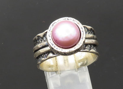 SHABLOOL ISRAEL 925 Silver  Vintage Pink Pearl Oxidized Band Ring Sz 9 RG21311