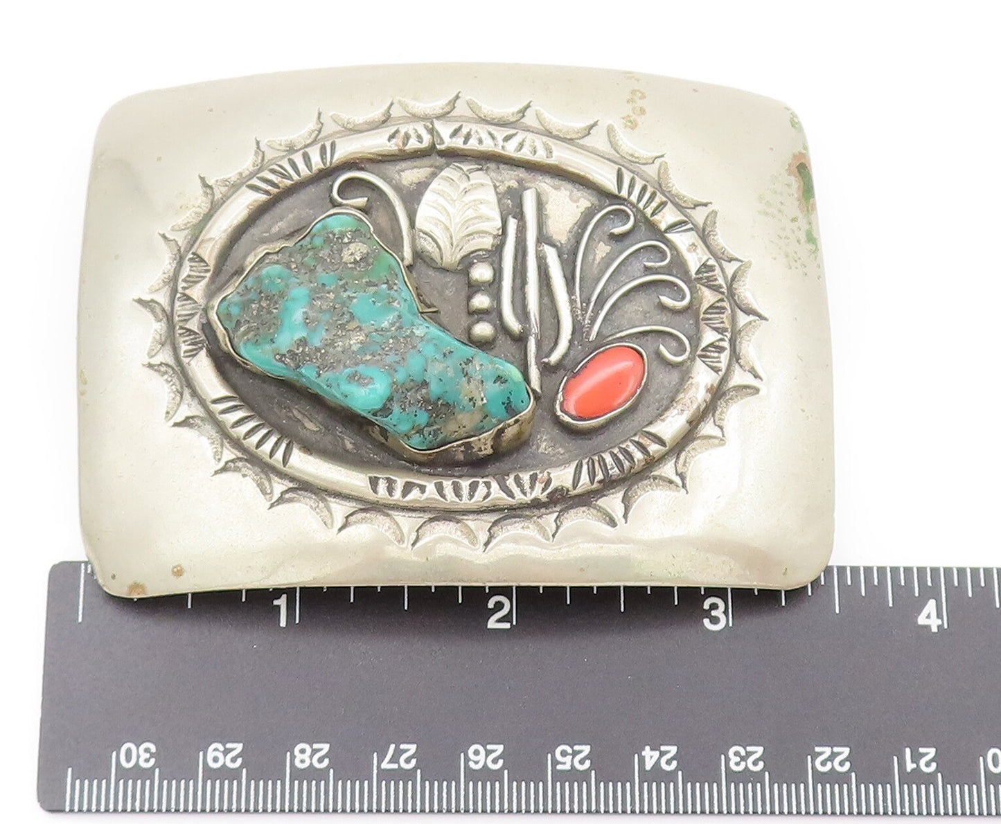 ZUNI NAVAJO 925 Silver  Vintage Large Carved Turquoise Belt Buckle  TR3537