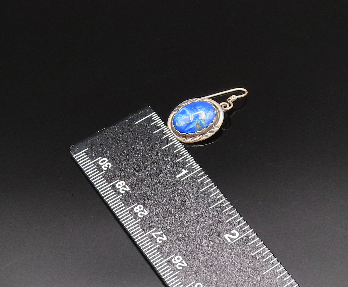925 Silver  Vintage Etched Border Cabochon Lapis Lazuli Drop Earrings  EG12125