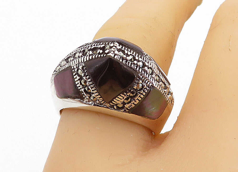 925 Sterling Silver  Abalone Shell & Marcasite Dome Cocktail Ring Sz 8  RG5827