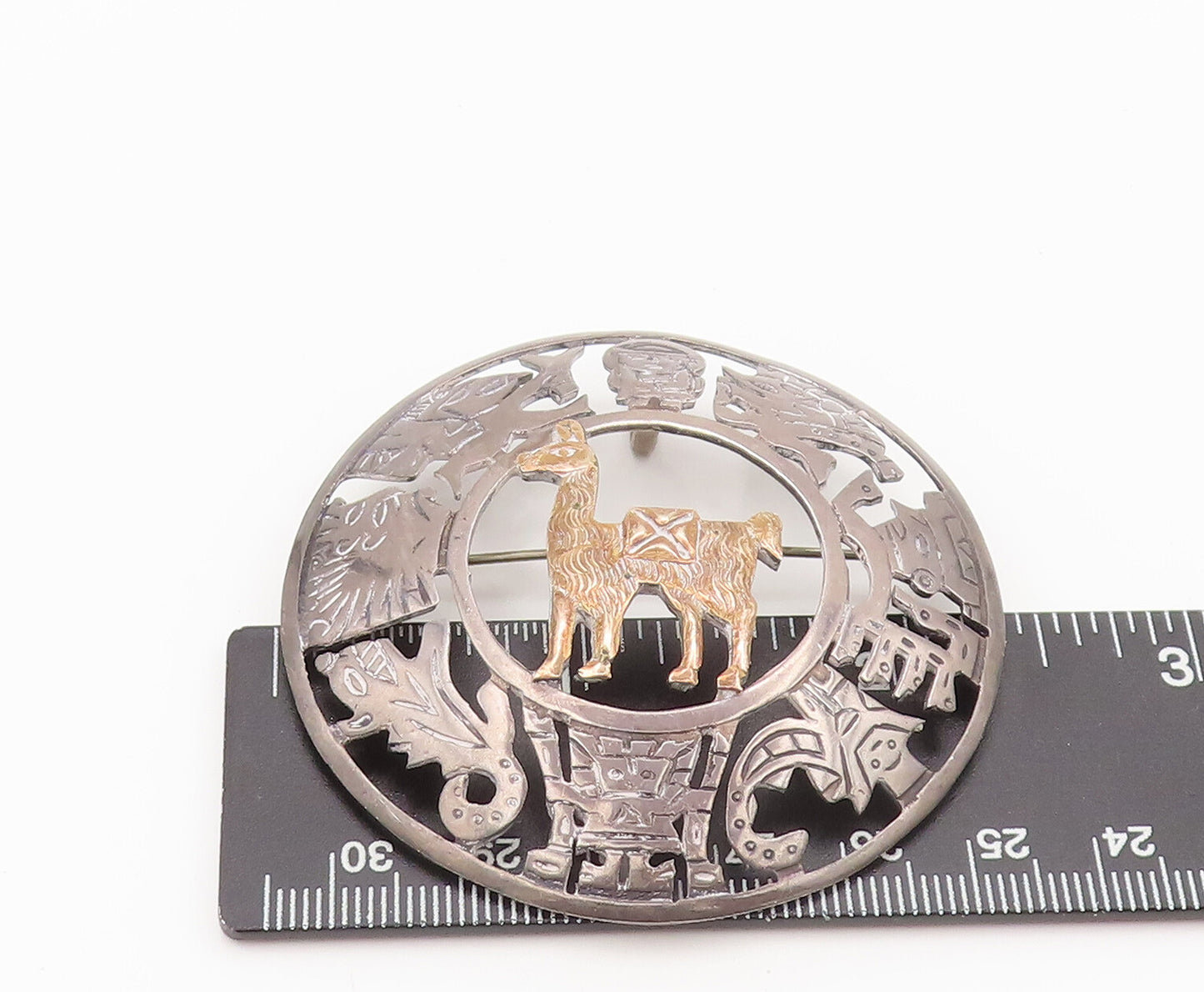18k GOLD 925 Sterling Silver Vintage Mayan Aztec Symbols Brooch Pin  BP10401