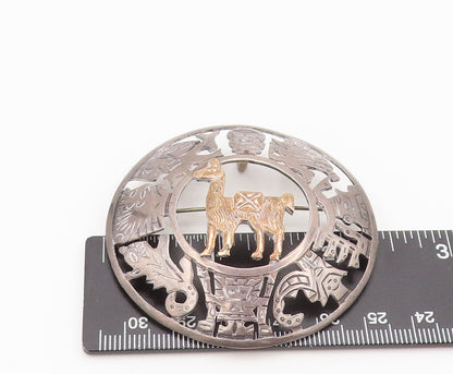 18k GOLD 925 Sterling Silver Vintage Mayan Aztec Symbols Brooch Pin  BP10401