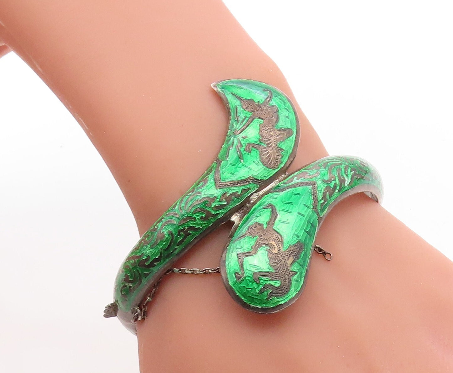 SIAM 925 Sterling Silver  Vintage Enamel Dancer Bypass Bangle Bracelet  BT2824
