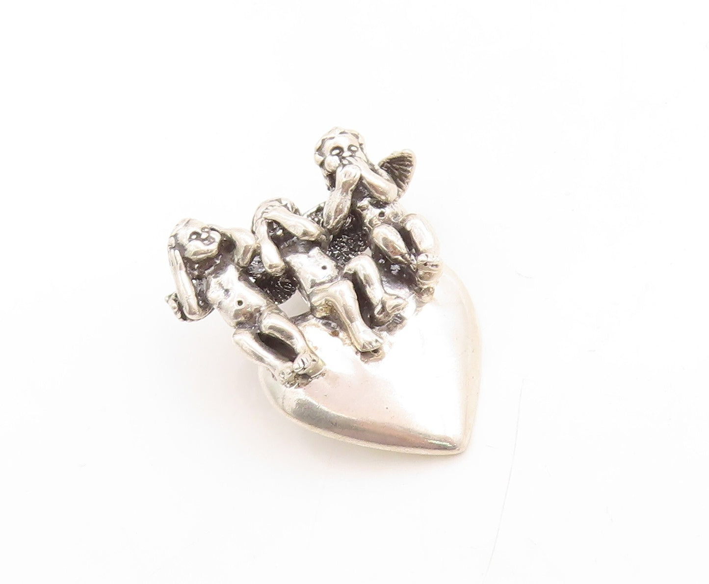 925 Sterling Silver Vintage Pendant KABANA 3 Monkeys Of Gandhiji Heart PT23784