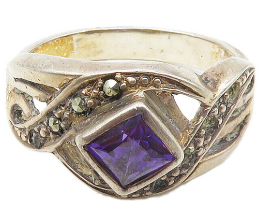 925 Sterling Silver  Vintage Purple Topaz & Marcasite Band Ring Sz 7  RG16975