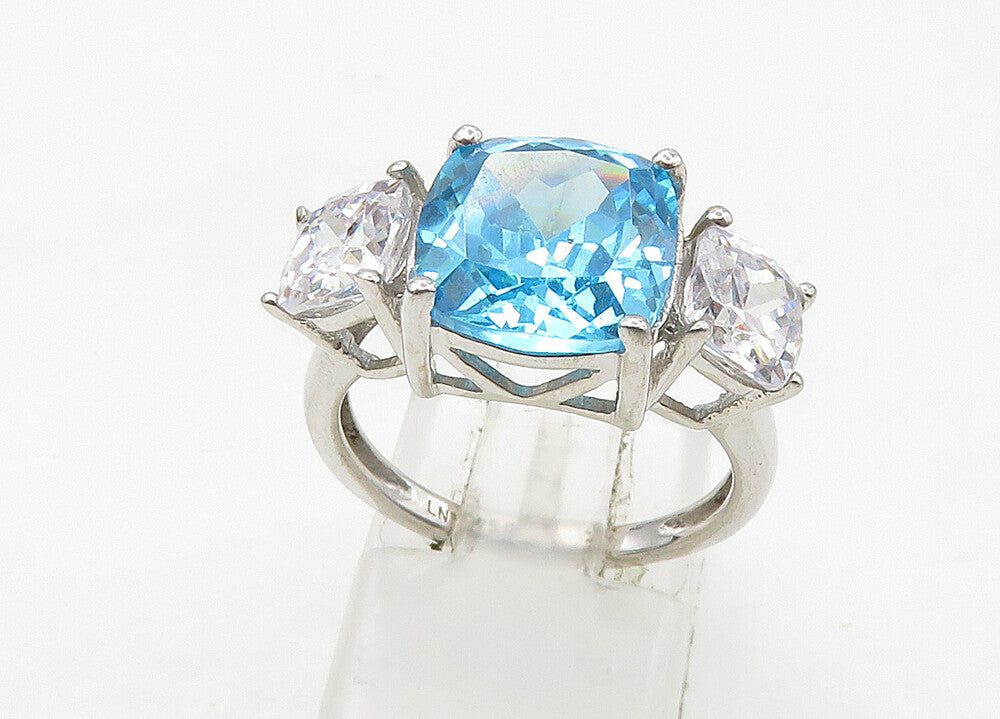 925 Silver  Vintage Blue Topaz & Cubic Zirconia Shiny Band Ring Sz 7  RG21519