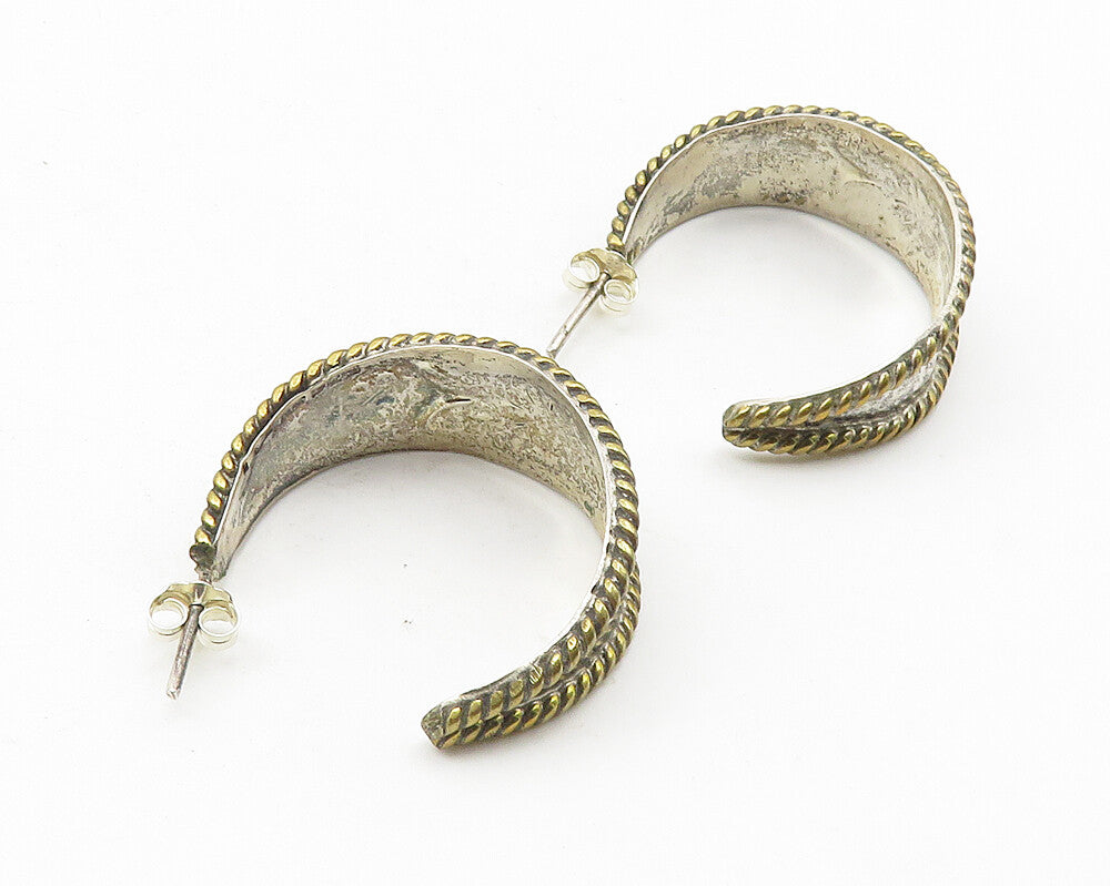 925 Sterling Silver  Vintage 2 Tone Floral Rope Twist JHoop Earrings  EG5777