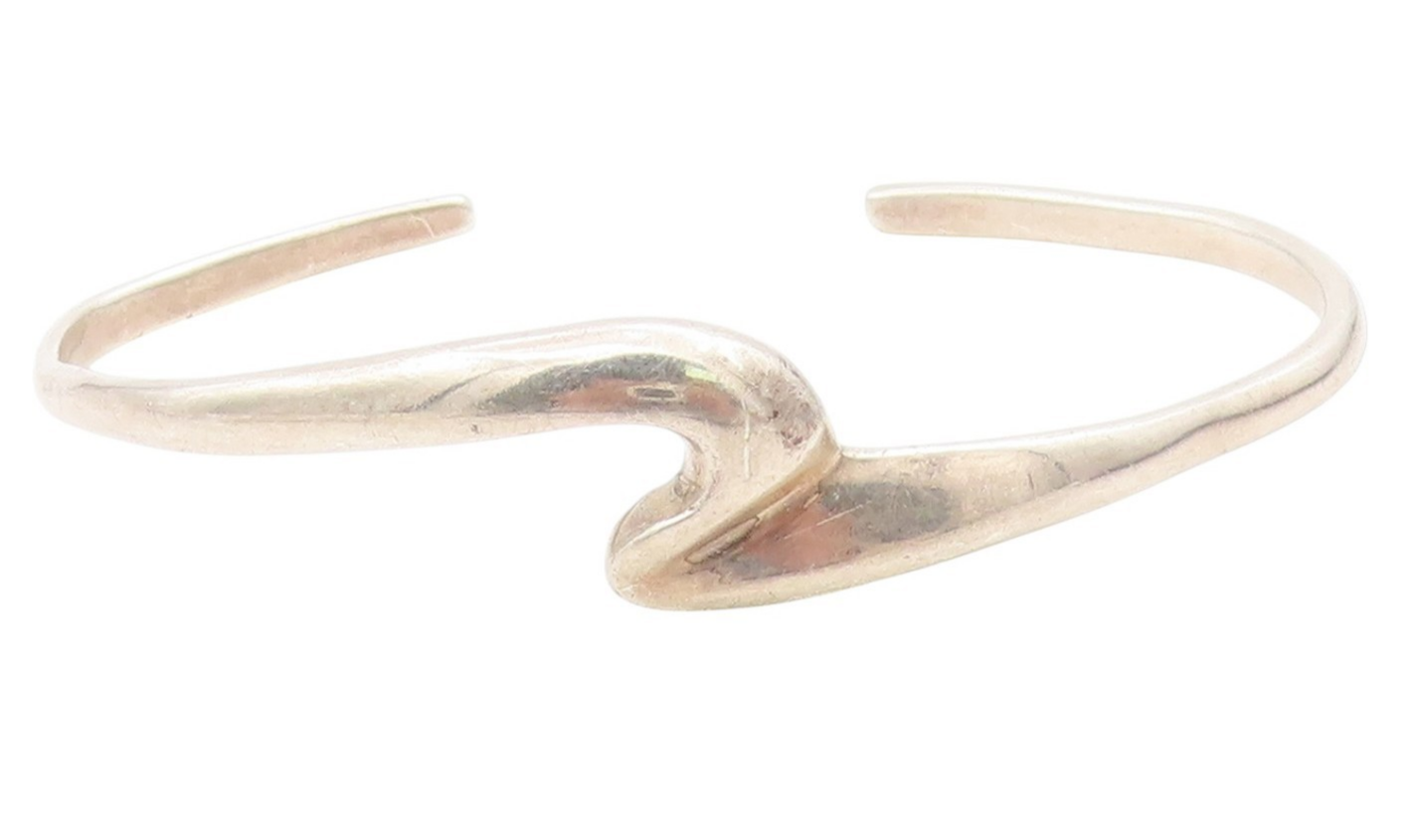 925 Sterling Silver Vintage Bracelet Modernist Solid Curvy Wave Cuff  BT11639