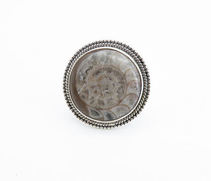 925 Sterling Silver  Jasper Round Fluted Border Cocktail Ring Sz 8  RG8017