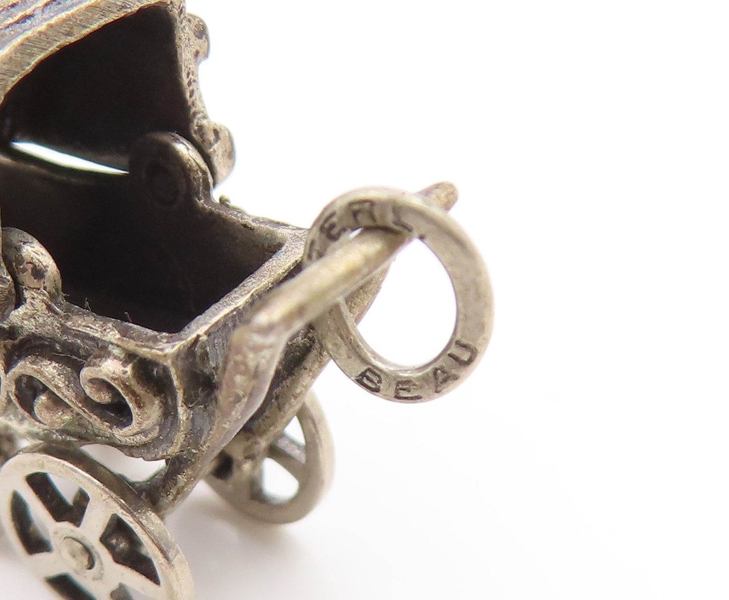 925 Sterling Silver Vintage Pendant BEAU 3D Baby Stroller Charm MOVES  PT26269