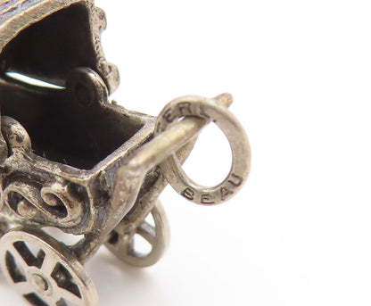 925 Sterling Silver Vintage Pendant BEAU 3D Baby Stroller Charm MOVES  PT26269
