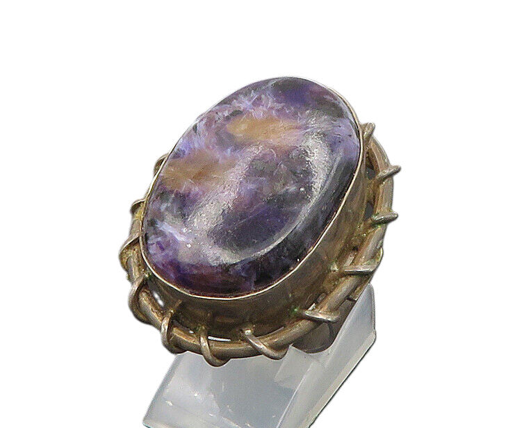 925 Sterling Silver  Vintage Charoite Stitched Cocktail Ring Sz 7  RG18708