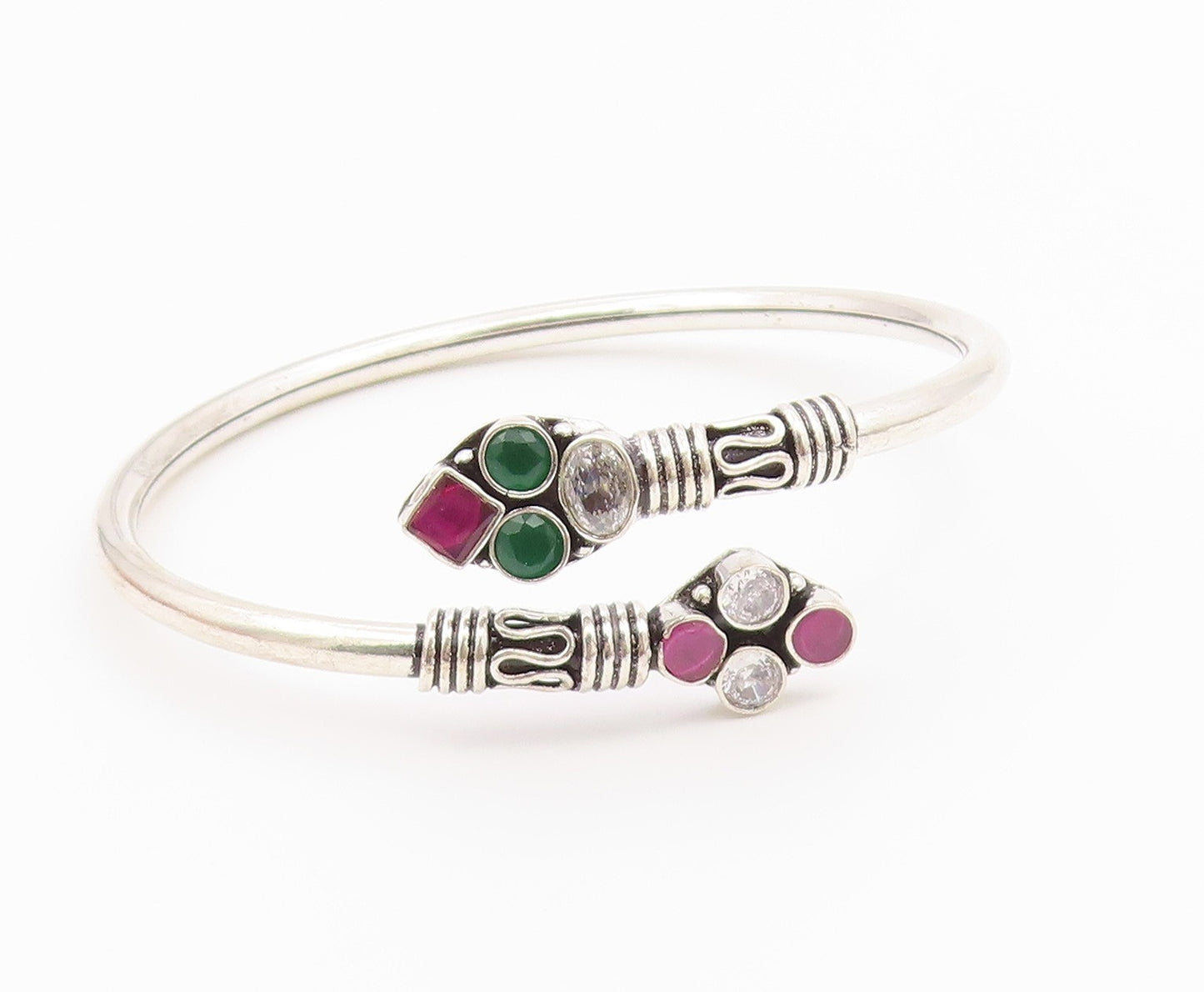 925 Silver  Vintage Ruby Emerald & White Topaz Bypass Cuff Bracelet  BT9564