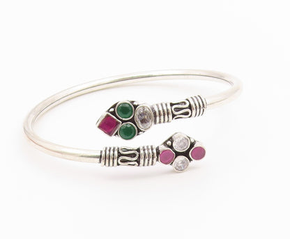 925 Silver  Vintage Ruby Emerald & White Topaz Bypass Cuff Bracelet  BT9564