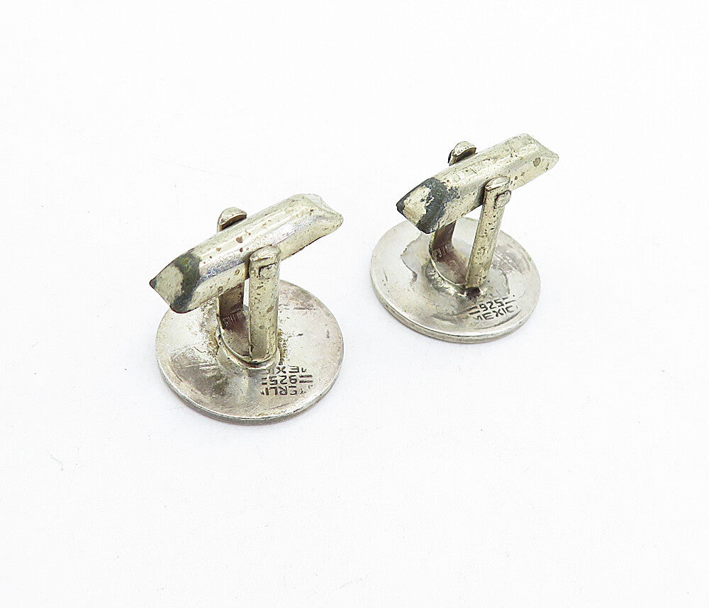 MEXICO 925 Sterling Silver  Vintage Oxidized Pattern Round Cufflinks  TR1259