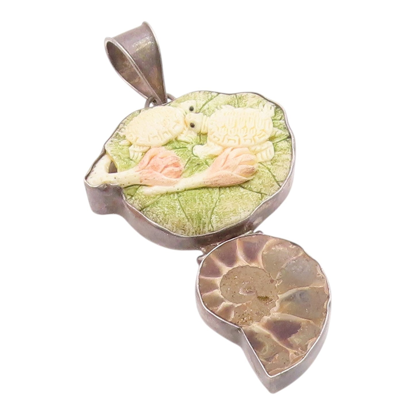 925 Sterling Silver  Vintage Ammonite Snail Shell Turtles Pendant  PT16417