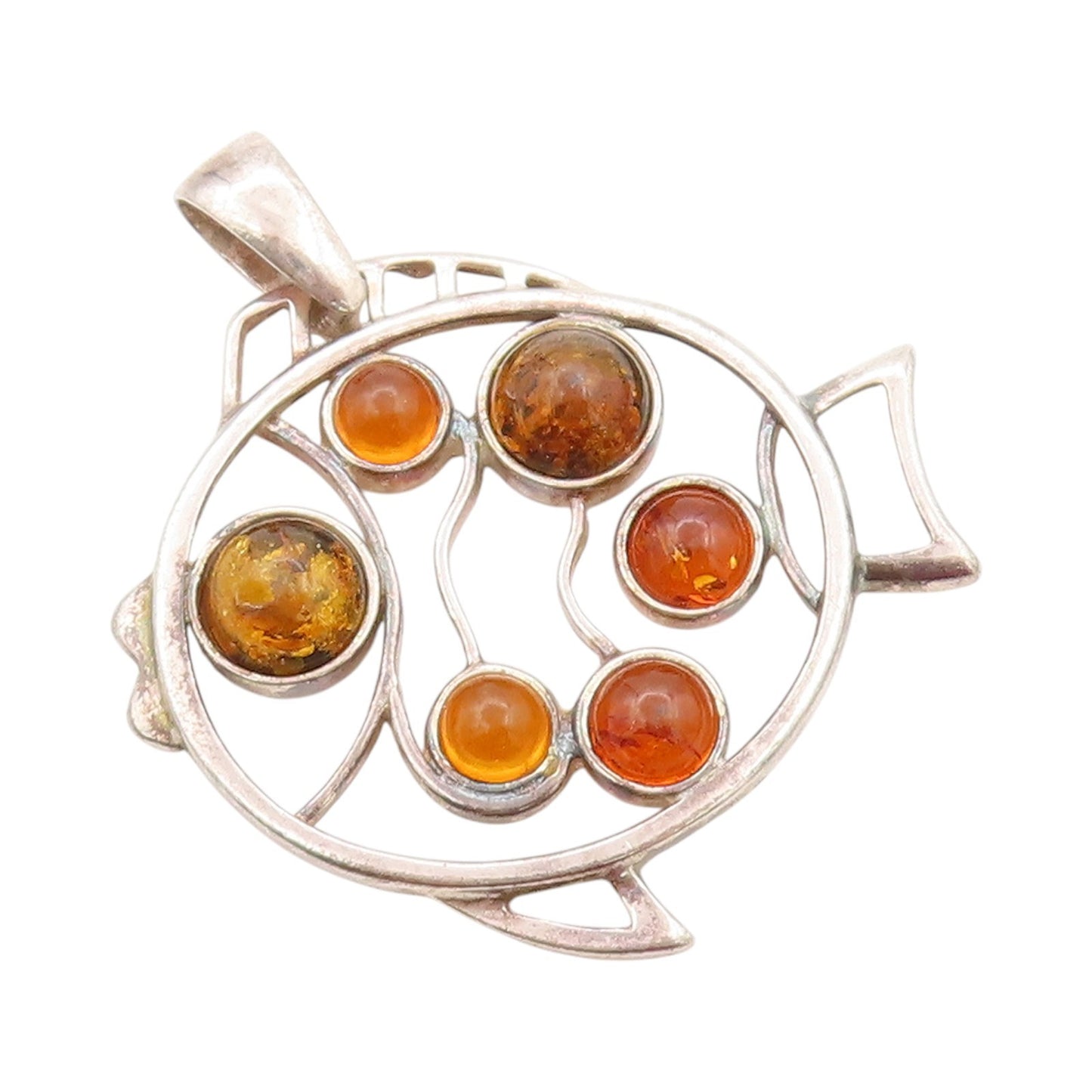 925 Sterling Silver Vintage Pendant Honey Amber Cutout Tropical Fish  PT24163