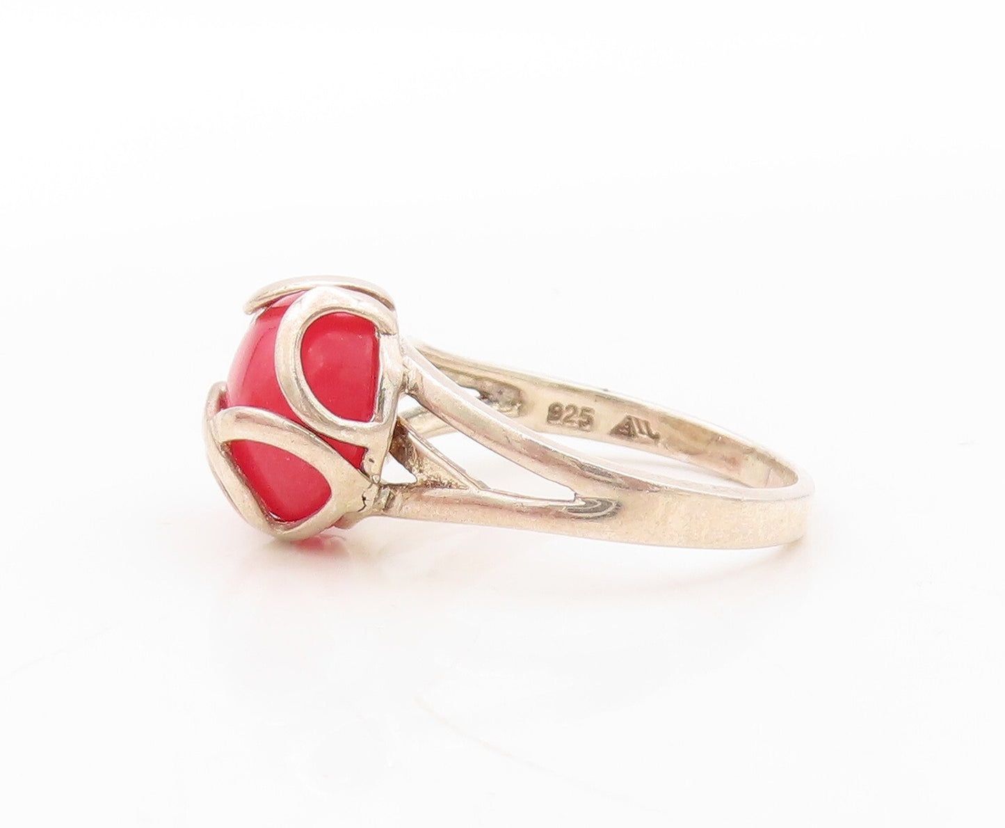 925 Sterling Silver Vintage Ring Modernist Caged Red Gemstone Sz 7  RG30694