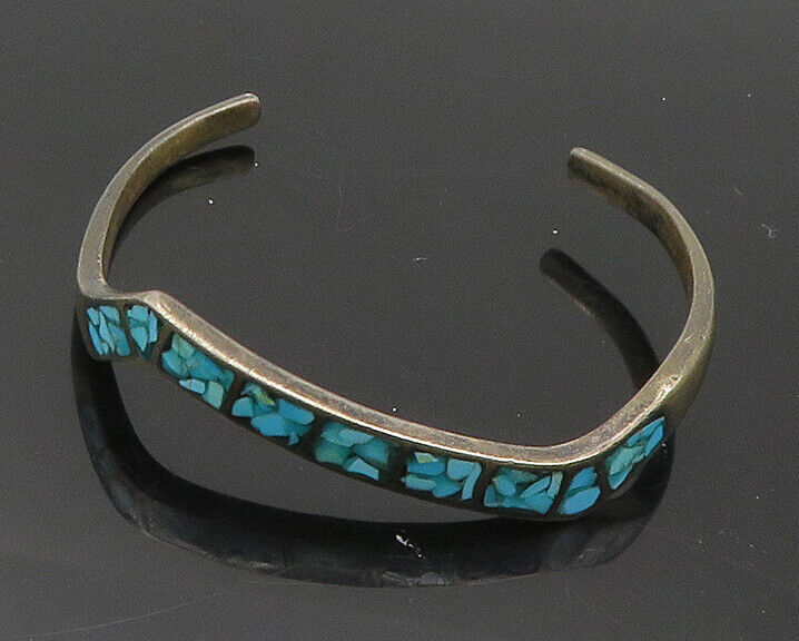 ZUNI 925 Sterling Silver  Vintage Inlaid Turquoise Petite Cuff Bracelet BT7804