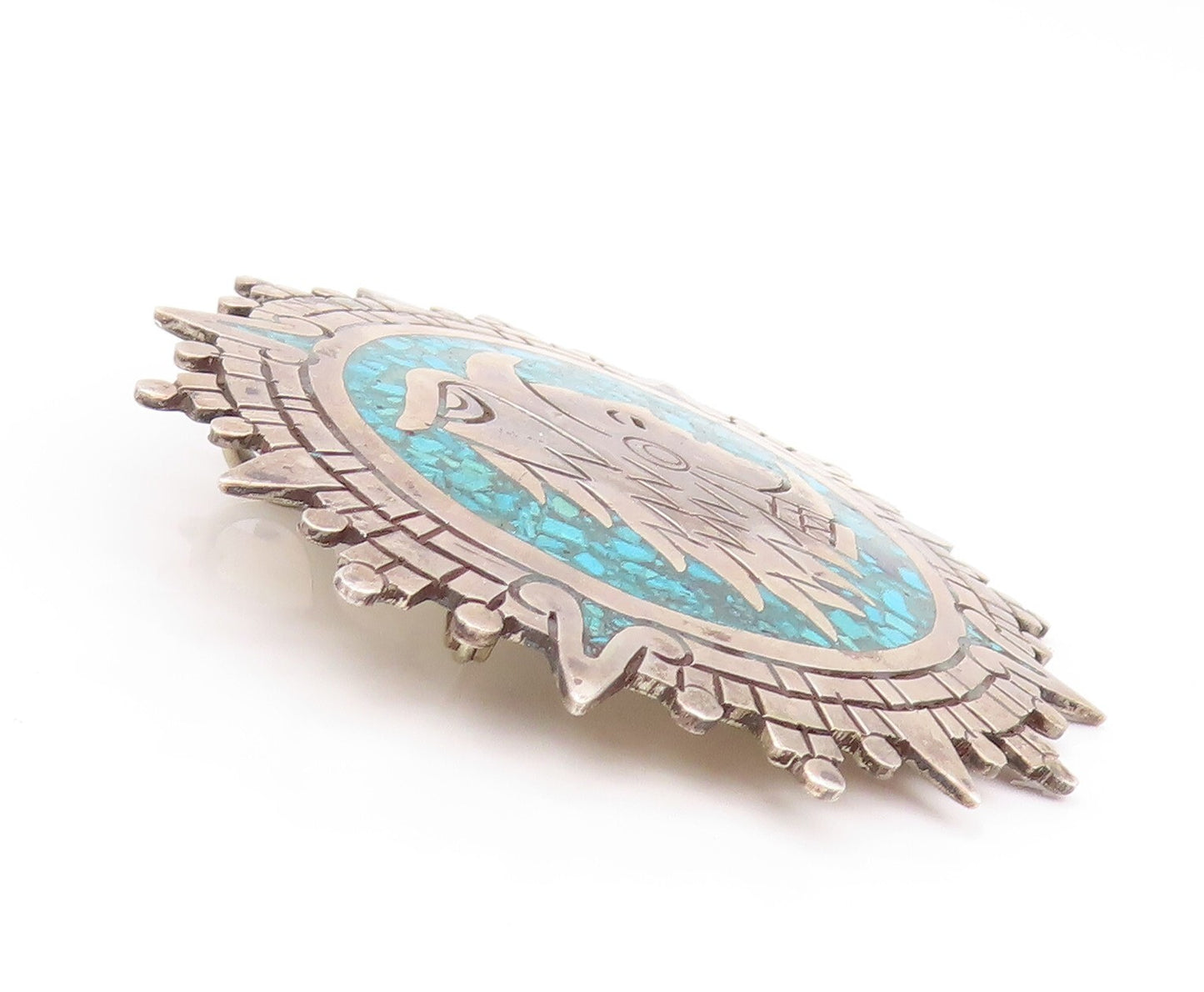 925 Sterling Silver Vintage Brooch MEXICO Crushed Turquoise Man Face  BP11540