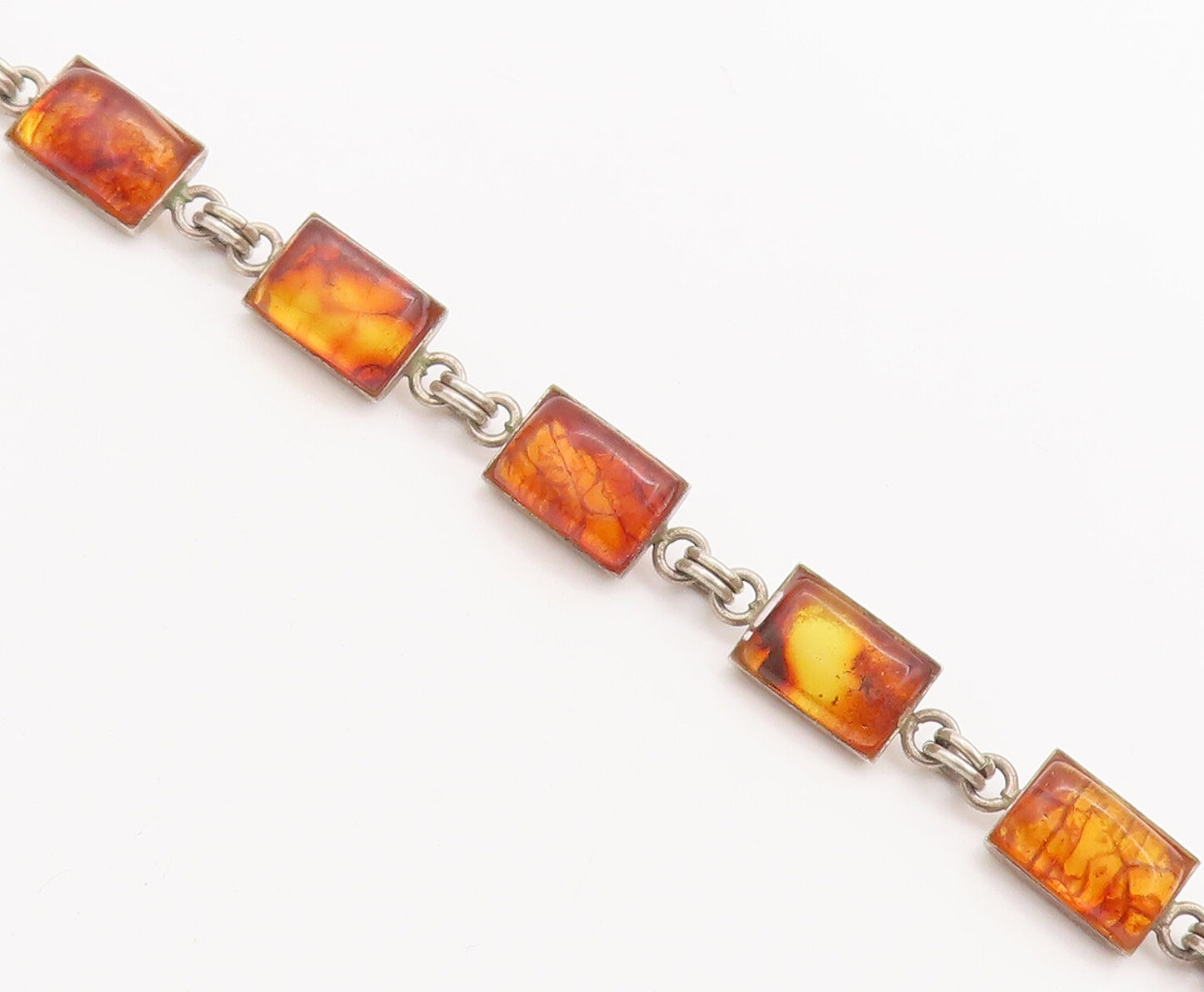925 Sterling Silver Vintage Bracelet Solid Rectangular Linked Amber   BT10267